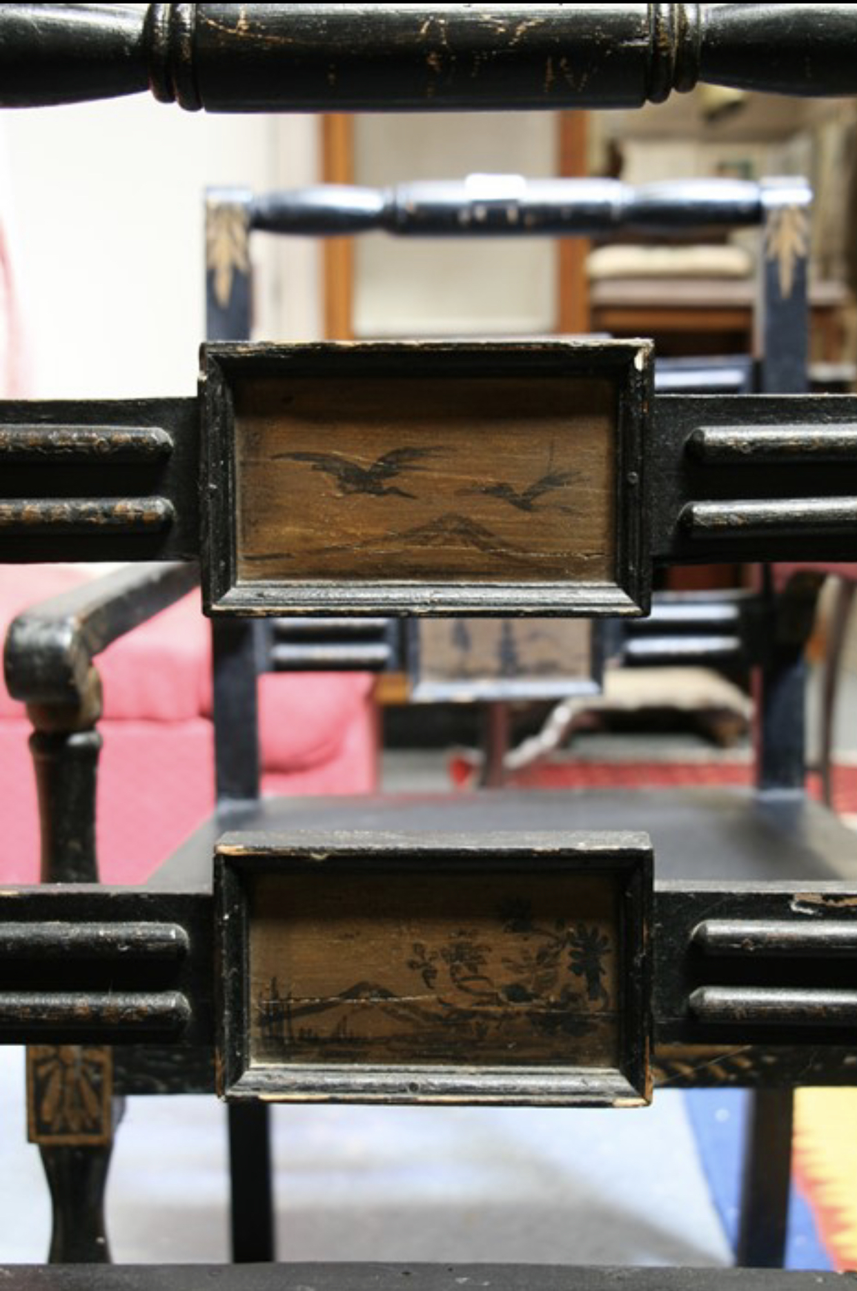 A pair of Regency style ebonised and painted carver chairs - Image 2 of 11