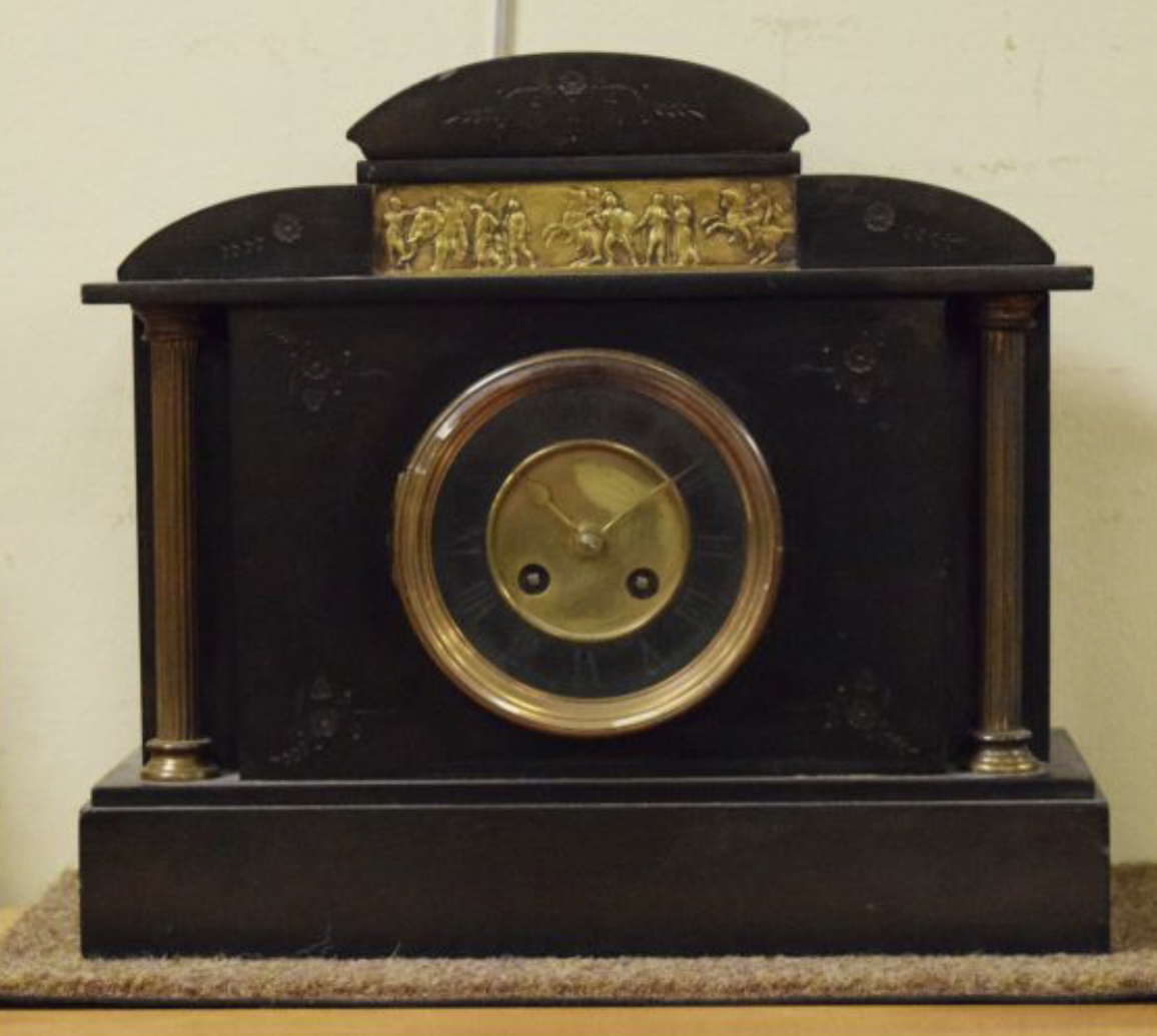 Late 19th Century French black slate cased architectural style mantel clock