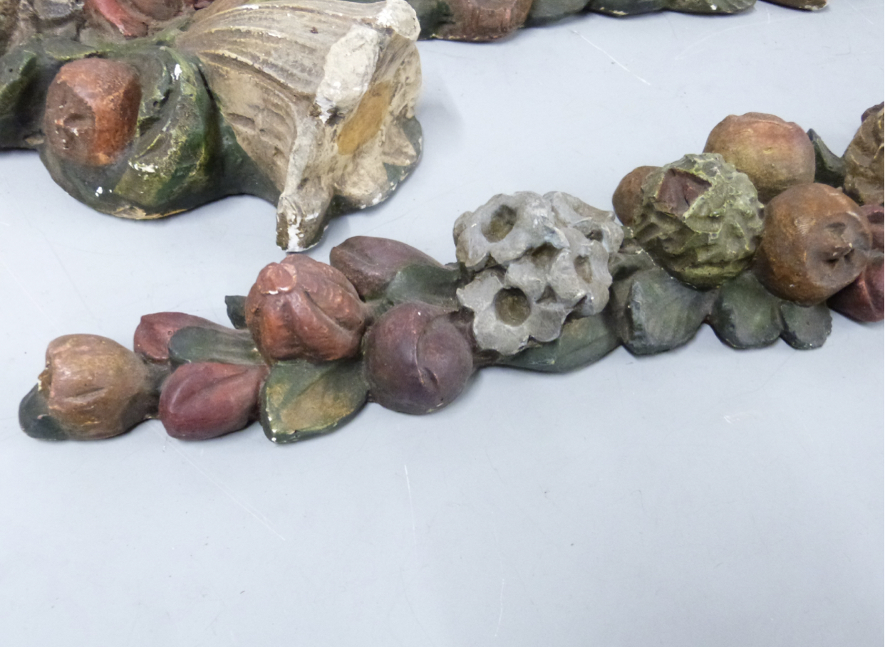 Pair of French plaster wall hangings depicting fruit and flowers - Image 3 of 3