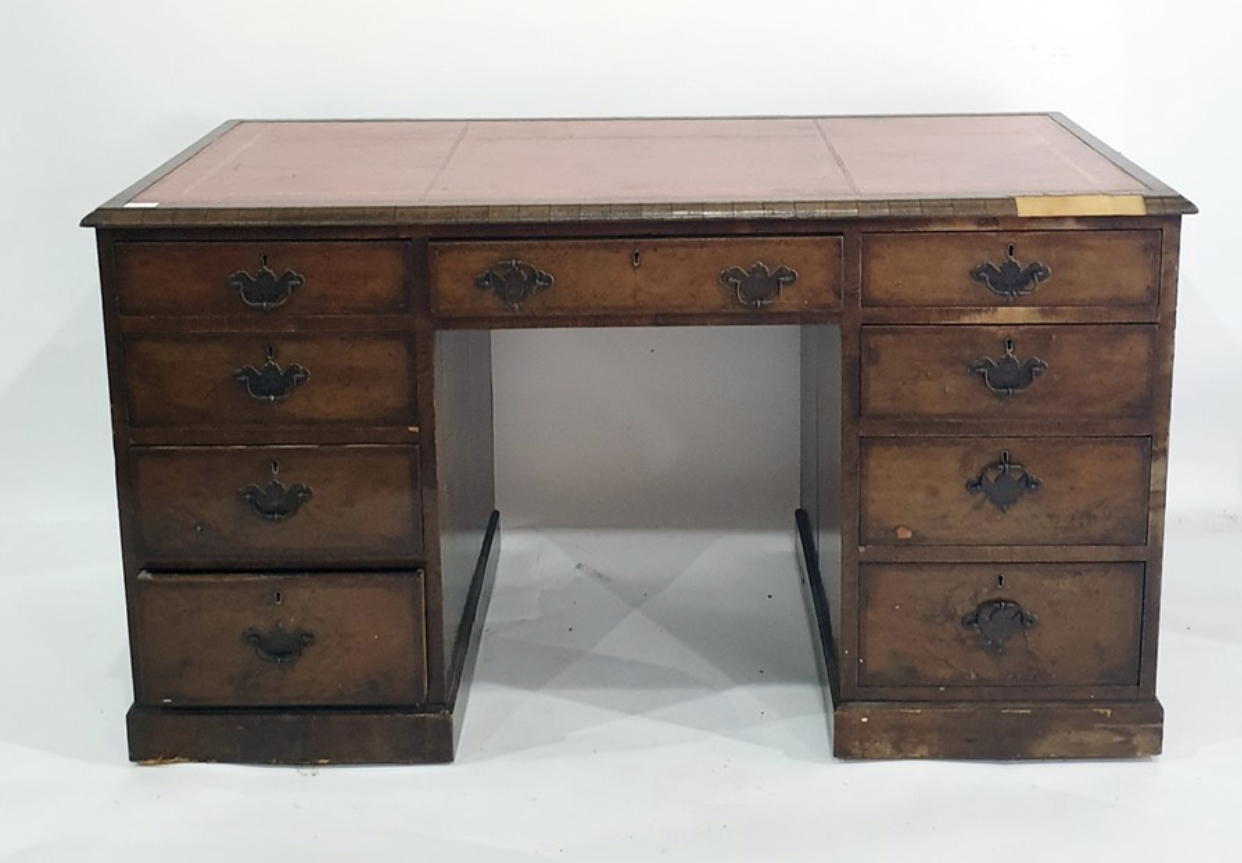 C19th walnut pedestal desk based on C17th walnut furniture Design