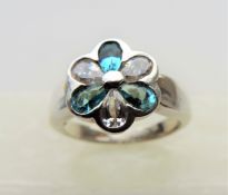 1.50ct Blue & White Topaz Flower Cluster Ring