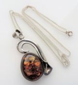 Art Nouveau Style Baltic Amber Pendant Necklace in Sterling Silver