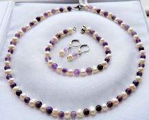 Cultured Pearl & Amethyst Necklace, Bracelet & Earrings Set