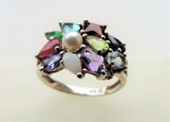 Emerald, Ruby, Pearl and Multicolour Gemstone Ring