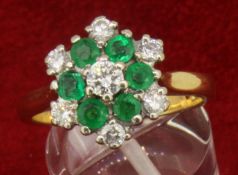 18ct 750 Yellow Gold Emerald and 0.52ct Diamond Cluster Ring