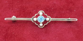 Vintage Yellow Metal Seed Pearl and Blue/White Stone Brooch