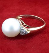 14ct (585) Yellow Gold 11mm Pearl and 0.18ct Diamond Dress Ring