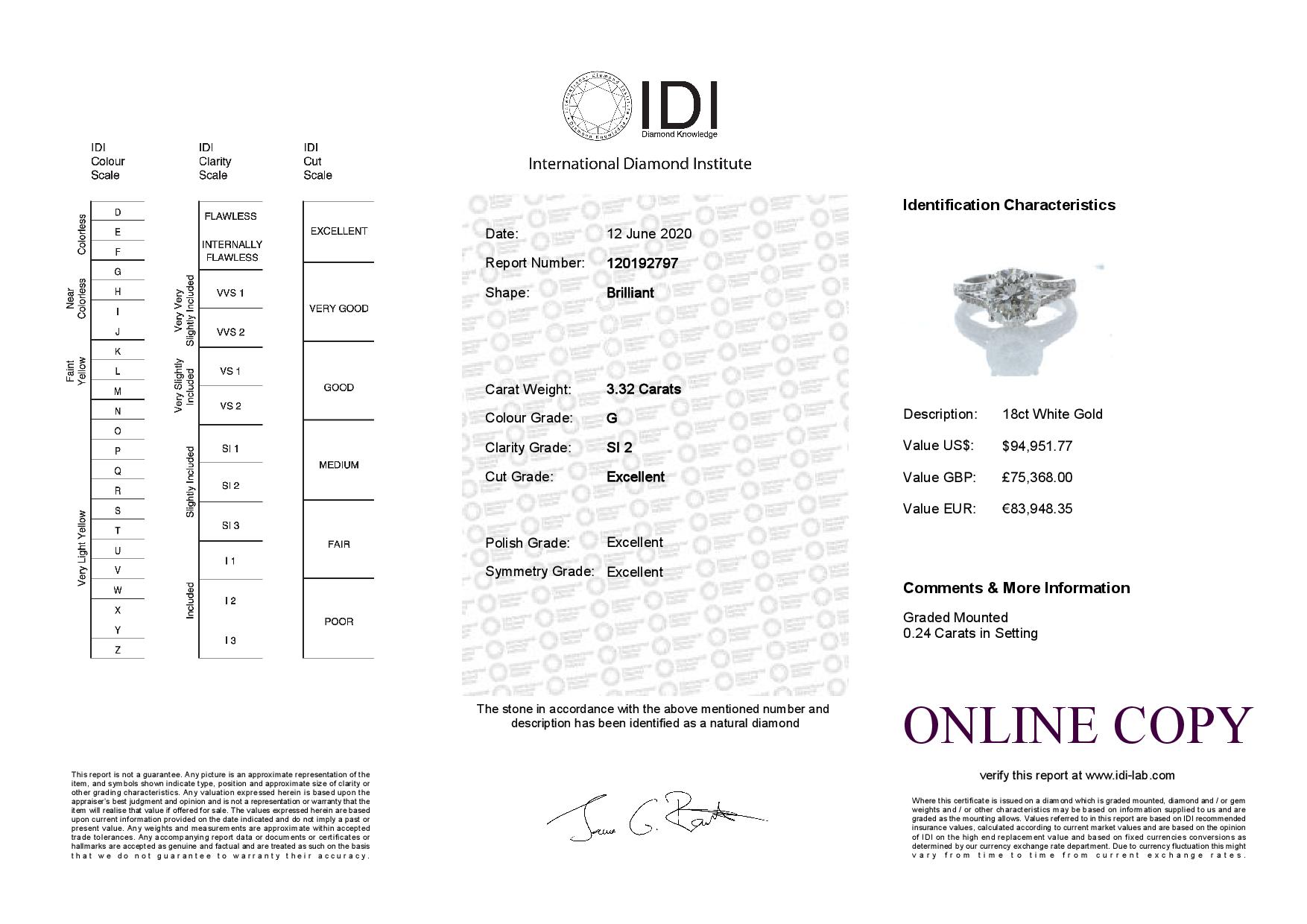 18ct White Gold Single Stone Prong Set With Stone Set Shoulders Diamond Ring 3.56 Carats - Image 4 of 4