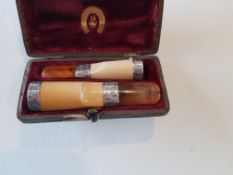 Antique Meerschaum, Amber and Silver Cheroot Holders in Case