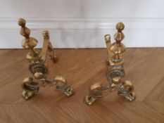 Vintage Pair Brass Fire Dogs and Pokers