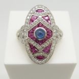 Large 18ct white gold & platinum Art Deco-style ring set with rubies, diamonds & cabochon sapphires