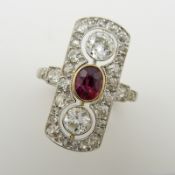 Fine quality Victorian antique ruby and old-cut diamond panel ring, in white and yellow gold