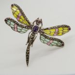 A large silver plique-à-jour amethyst, ruby and marcasite dragonfly brooch/pendant.