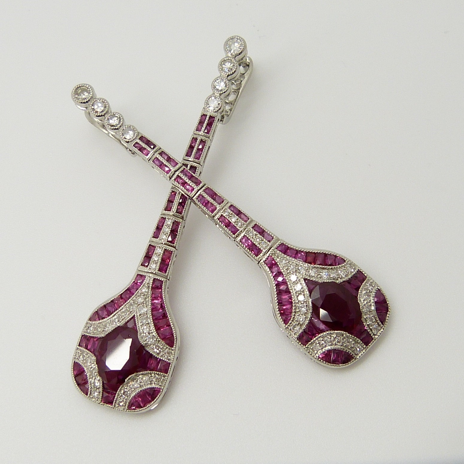 Long platinum Art Deco-style drop earrings set with rubies and diamonds - Image 4 of 9