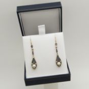 A boxed pair of vintage-style cultured pearl, sapphire and diamond drop earrings.