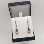 A boxed pair of vintage-style cultured pearl, sapphire and diamond drop earrings.