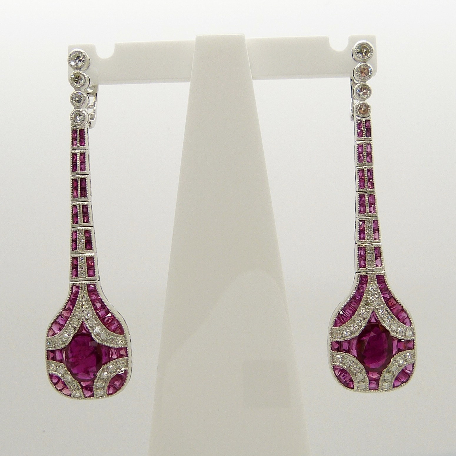 Long platinum Art Deco-style drop earrings set with rubies and diamonds - Image 3 of 9