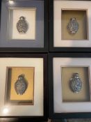 Four Framed White Metal perfume Bottles