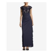 Betsy & Adam Womens Navy Ruched Lace Bodice Gown Cap Sleeve Jewel Neck Full-Length Evening Dress Uk