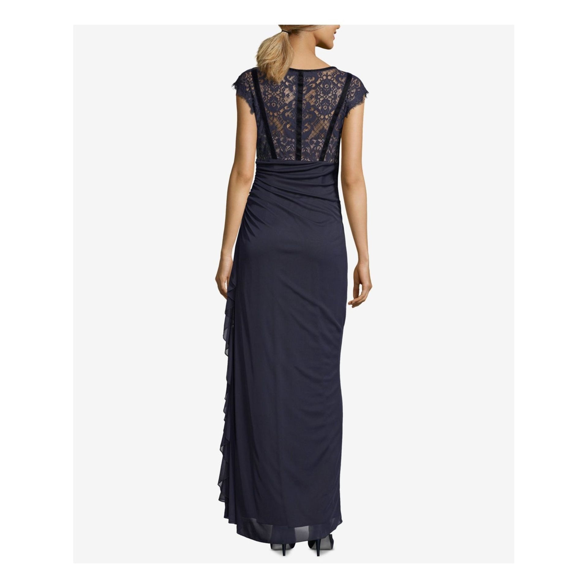 Betsy & Adam Womens Navy Ruched Lace Bodice Gown Cap Sleeve Jewel Neck Full-Length Evening Dress Uk - Image 2 of 2