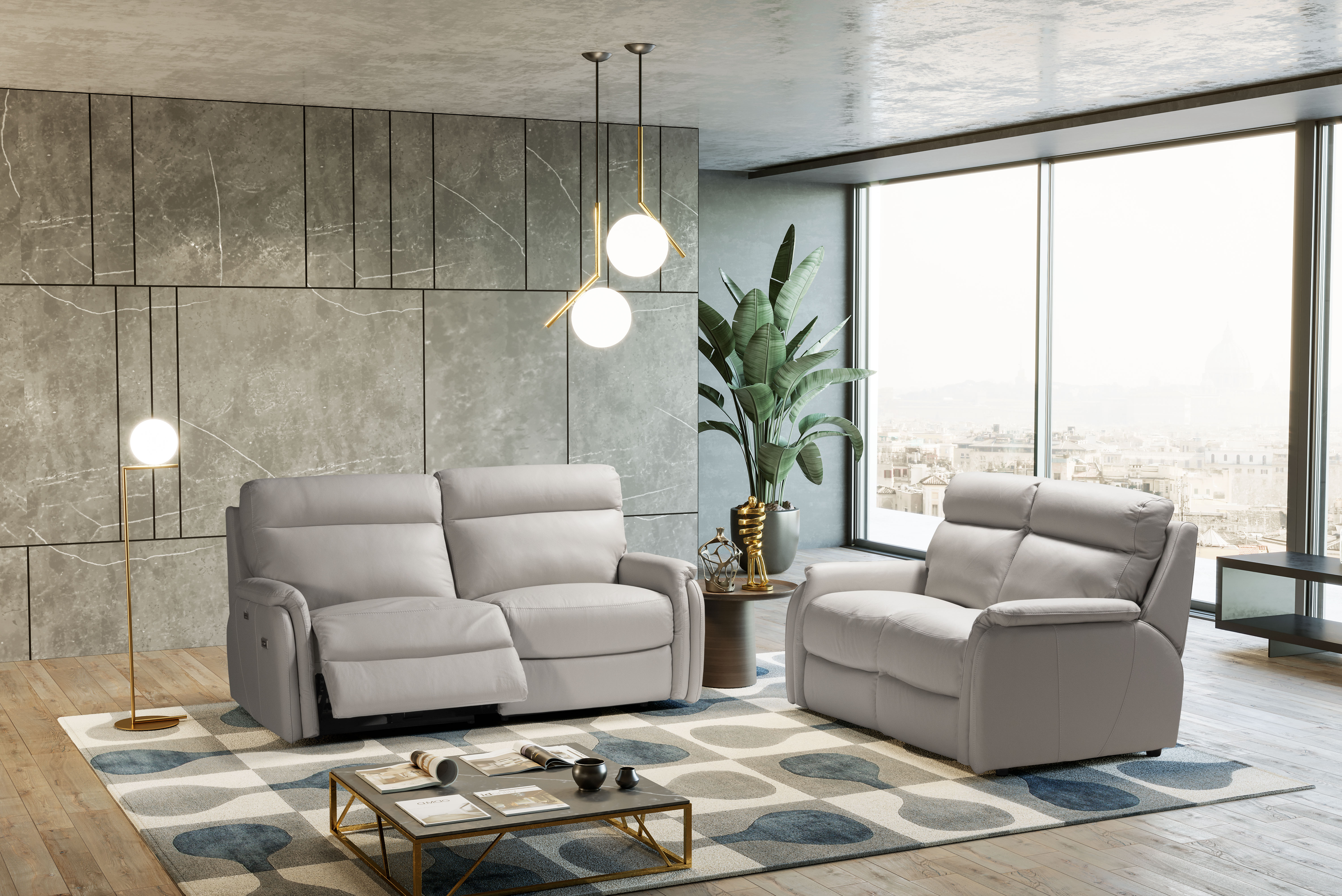 FOX Italian Leather Recliner 3 & 2 Seat Sofa by Galieri - Cenere Light Grey