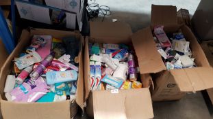 (E6K) Contents Of 3 Boxes : Mixed Household / Health / Care Items To Include Veet, Colgate Toothpas