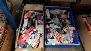 (R6M) Contents Of 2 Boxes : Mixed Household /Health / Care Items To Include Colgate Toothpaste, Woo