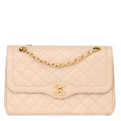 Chanel Beige Quilted Lambskin Vintage Medium Paris Limited Double Flap Bag