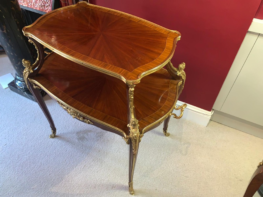 Tea Table by F Linke 19th-Century, French Gilt Bronze, Louise XV Style, Ormolu Mounted Parquetry Two - Image 3 of 6