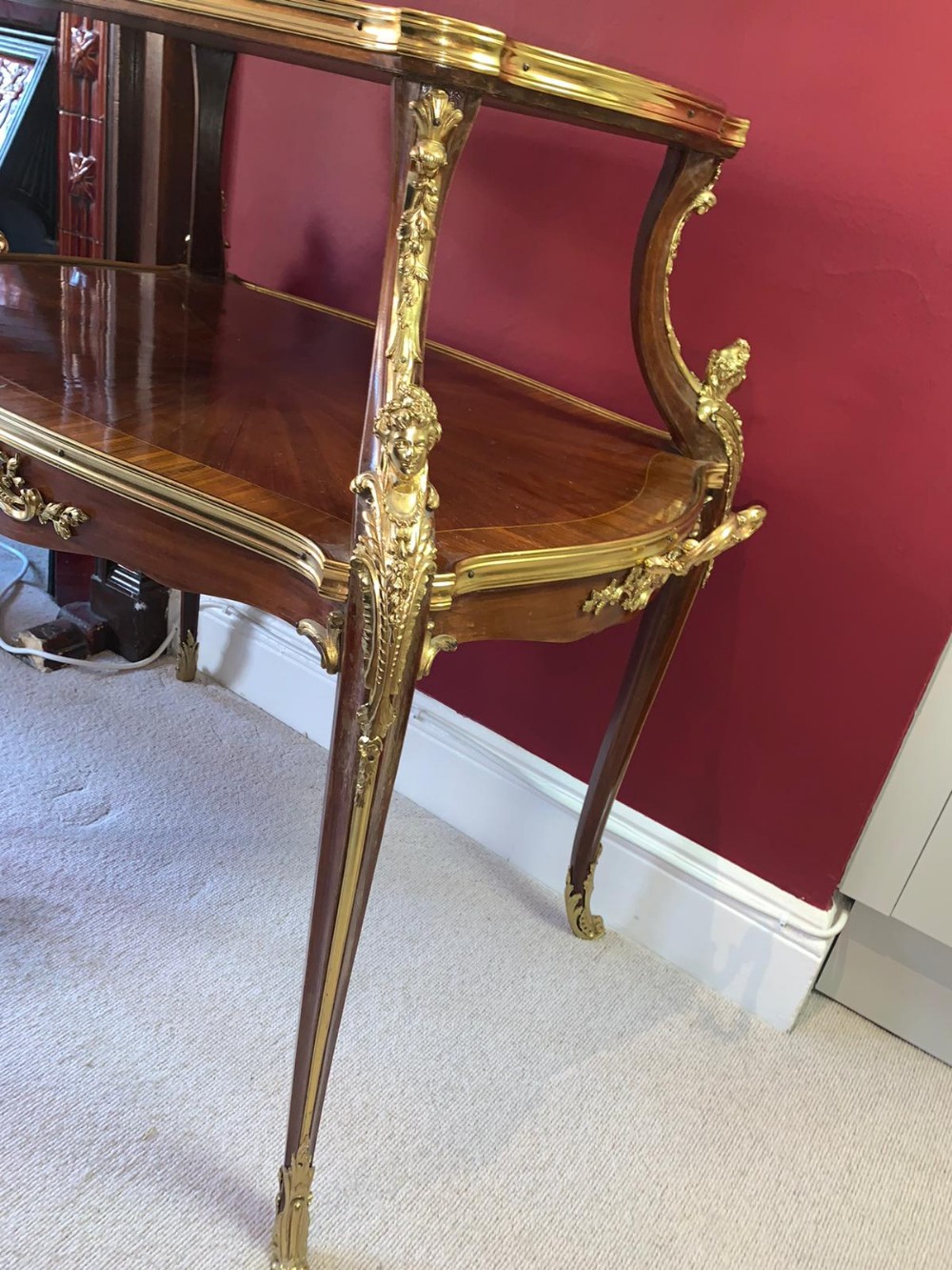 Tea Table by F Linke 19th-Century, French Gilt Bronze, Louise XV Style, Ormolu Mounted Parquetry Two - Image 4 of 6