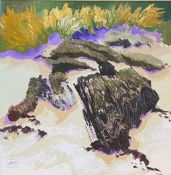 Jean W Bell signed original acrylic oil “Dunes and rocks – Gigha”
