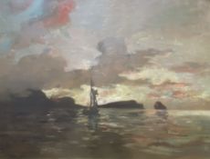 Alexander Frew (Scottish 1863-1908) signed oil painting “sunset over the shore”