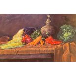 Superb large oil painting depicting a still life of winter vegetables by Peter Munro