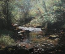 Forrest Stream in Dappled Sun pastel by Scottish artist Robert Turnbull 20th C