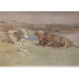 John Murray Thomson 1885-1974 R.S.A, R.S.W, P.S.S.A watercolour Highland longhorn cattle