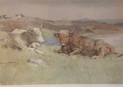 John Murray Thomson 1885-1974 R.S.A, R.S.W, P.S.S.A watercolour Highland longhorn cattle