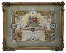 Edwardian Coloured Calligraphic Freemason Artwork Set in Gilt Frame