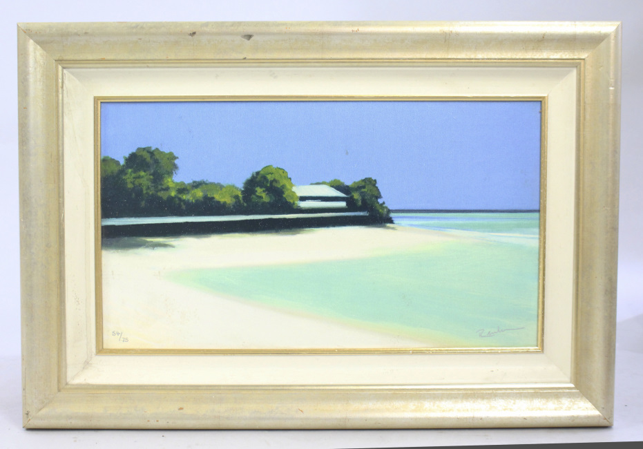 Modern Paradise Beach Landscape Giclee Print Set in Frame