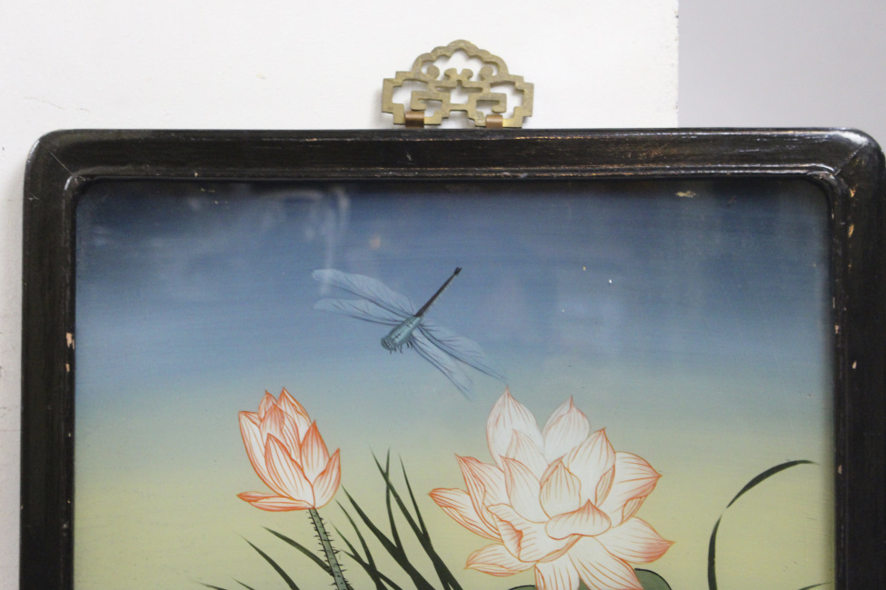 Chinese Export Reverse Glass Dragonfly Painting - Image 2 of 4