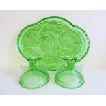Sowerby Art Deco Green Glass Dressing Table Set