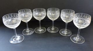 Set 6 Antique Edwardian Etched Wine Glasses