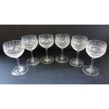 Set 6 Antique Edwardian Etched Wine Glasses