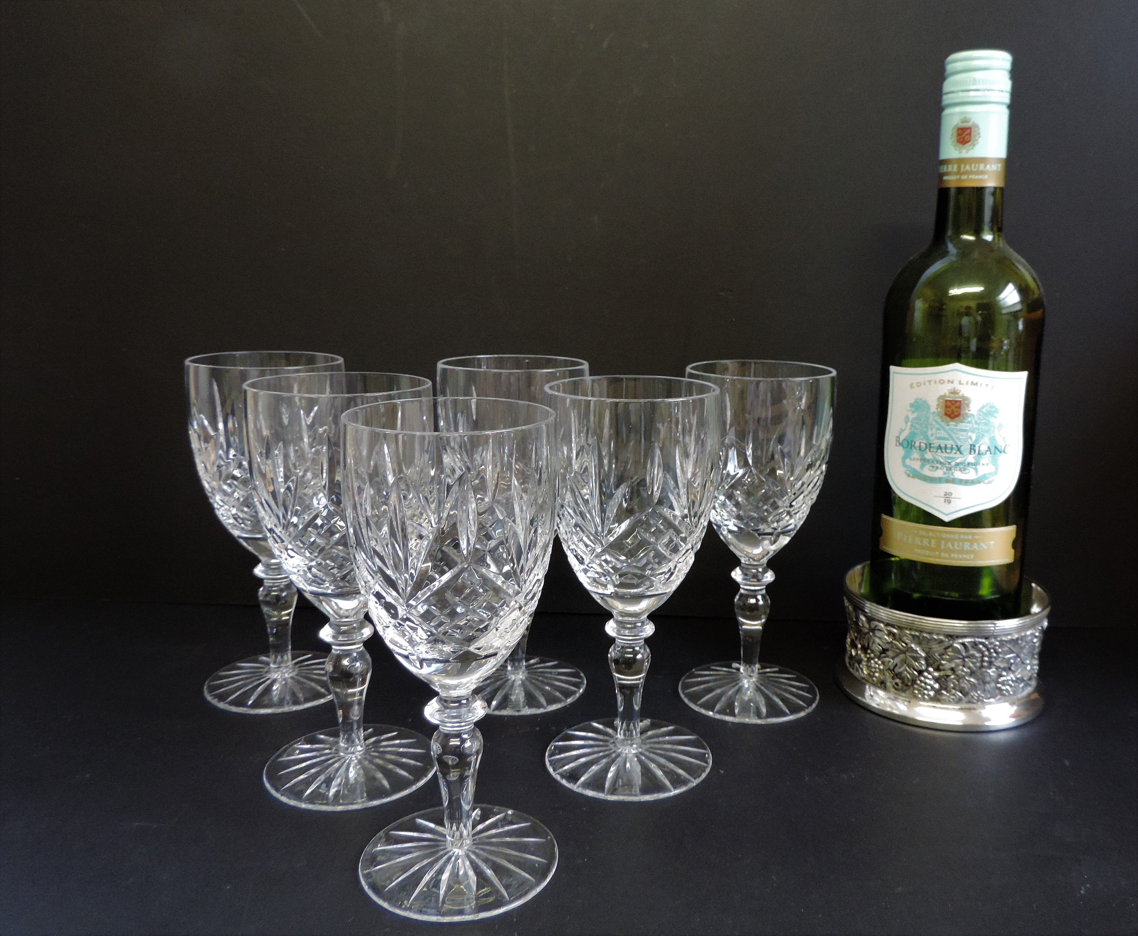 Set 6 Cut Crystal Wine Glasses & Silver Plated Bottle Coaster - Image 2 of 6