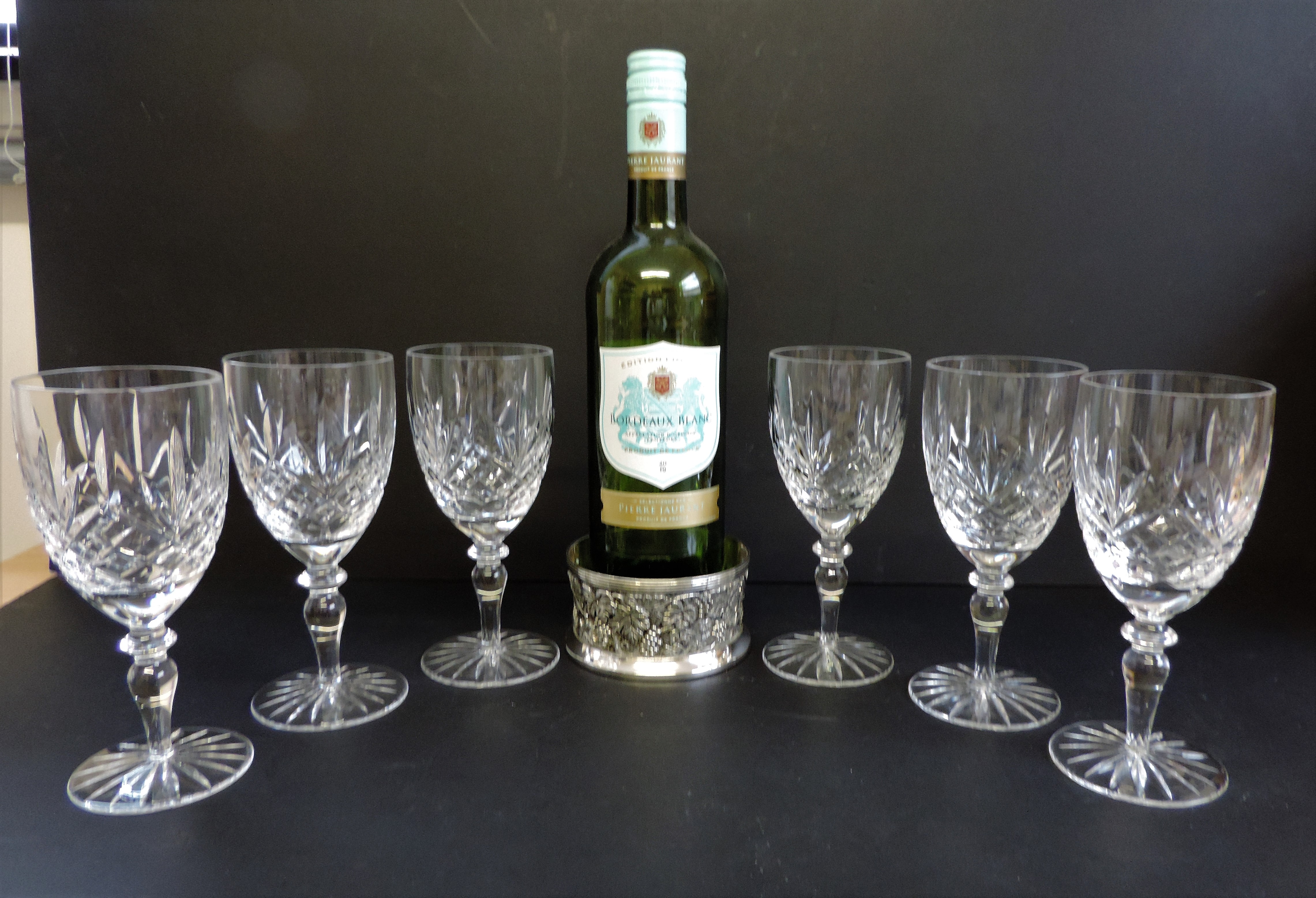 Set 6 Cut Crystal Wine Glasses & Silver Plated Bottle Coaster - Image 3 of 6