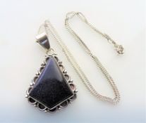 Cobalt Blue Glitter Quartz Pendant Necklace in Sterling Silver