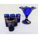 Vintage German Cobalt Blue Shot Glasses & Dish