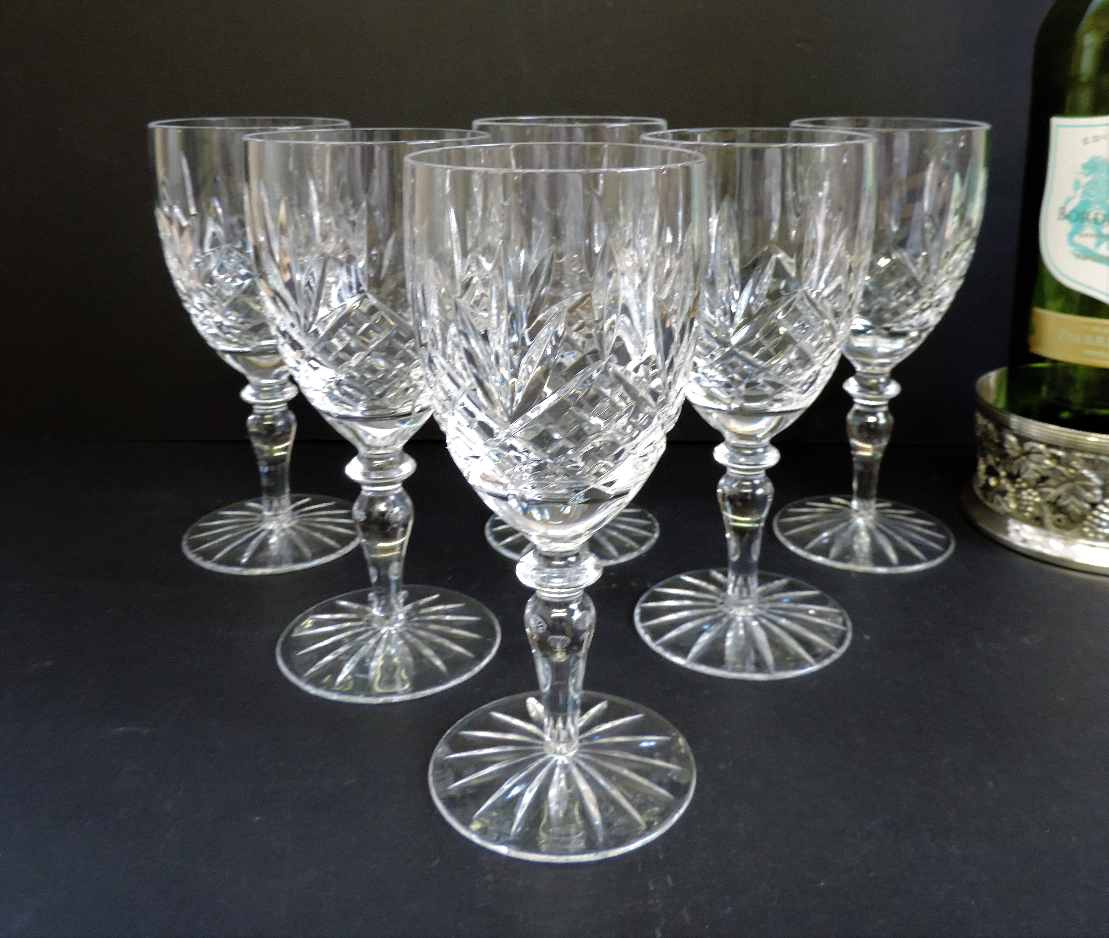 Set 6 Cut Crystal Wine Glasses & Silver Plated Bottle Coaster - Image 4 of 6