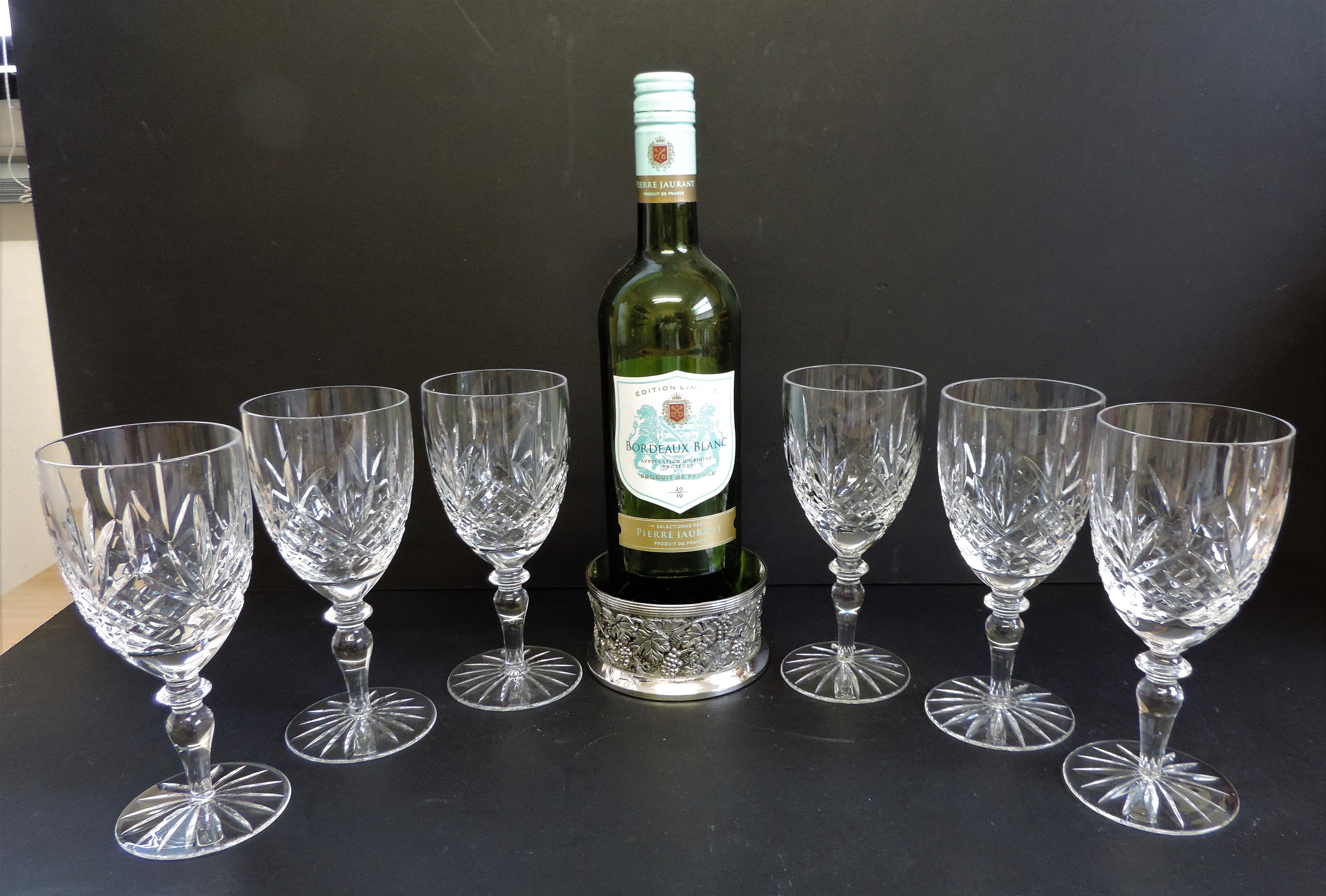 Set 6 Cut Crystal Wine Glasses & Silver Plated Bottle Coaster