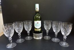 Set 6 Cut Crystal Wine Glasses & Silver Plated Bottle Coaster