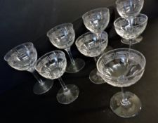 Set 8 Art Nouveau Greek Key Etched Crystal Wine Glasses